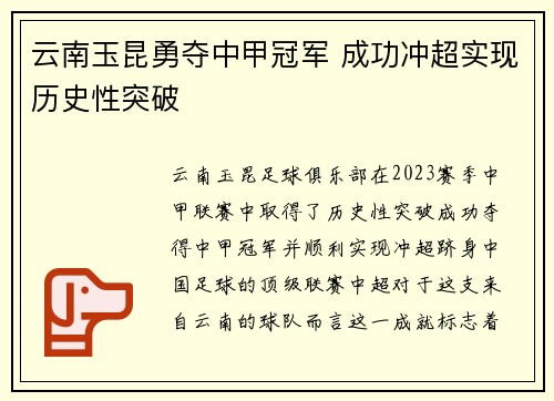 云南玉昆勇夺中甲冠军 成功冲超实现历史性突破 云南玉昆勇夺中甲冠军 成功冲超实现历史性突破